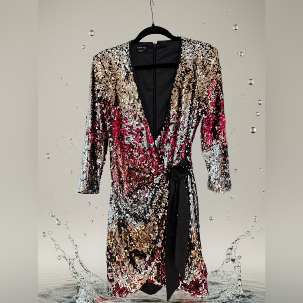 bebe Sequin Midi Dress in Gold, Silver, and Pink